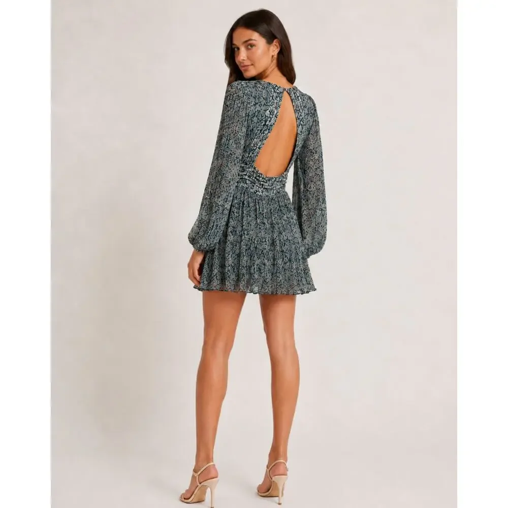 Abercrombie & Fitch Floral Open Back Pleated Mini Dress Teal Long Sleeve XXS